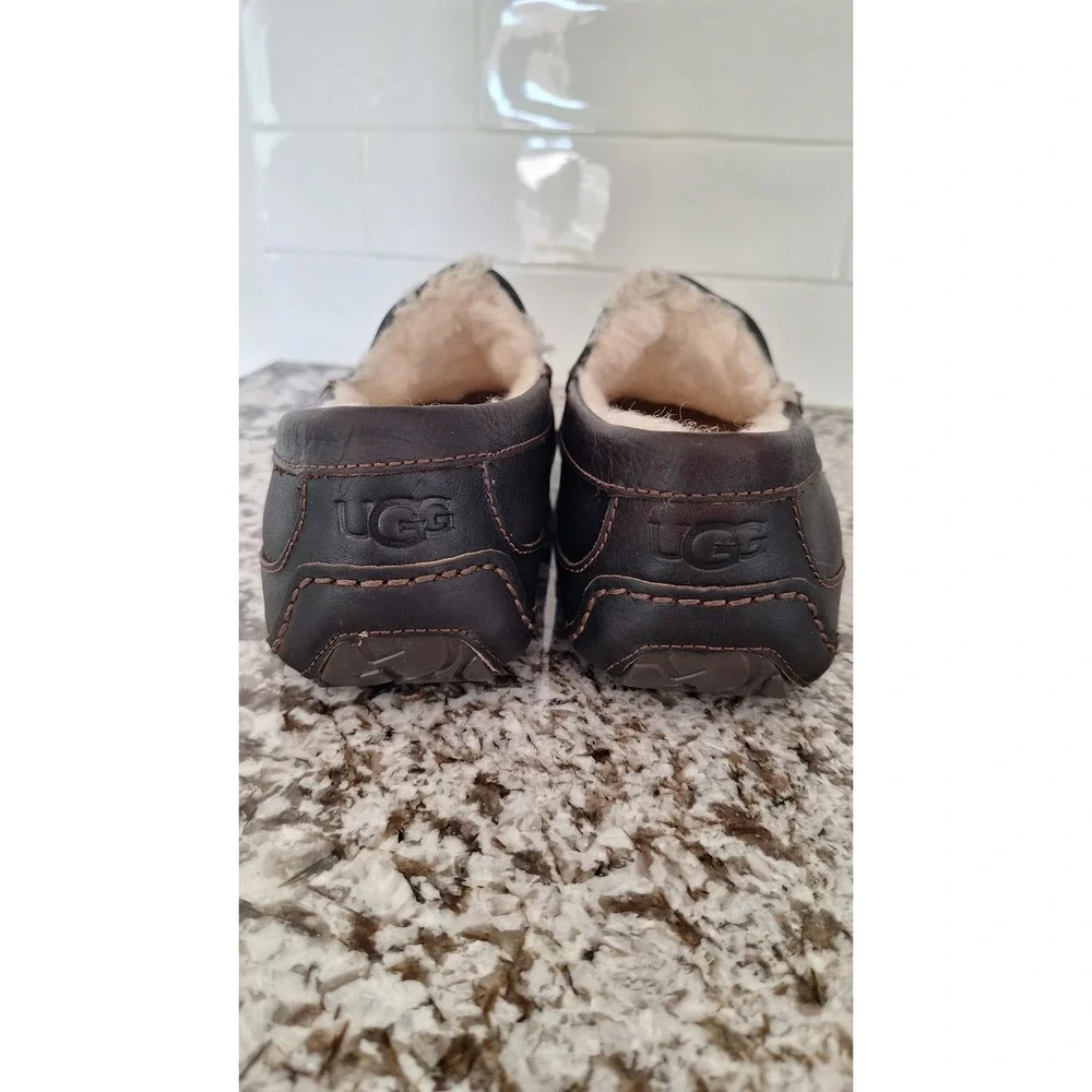 UGG Ascot Leather Casual Foam Footbed Wool Blend‎ Slippers 7EEE Brown Slip On